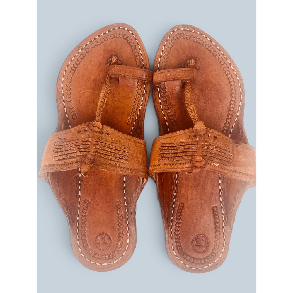 Men's‎ Kolhapuri Leather Sandals Chappal Brown Size 11 NWOT Rustic Handmade